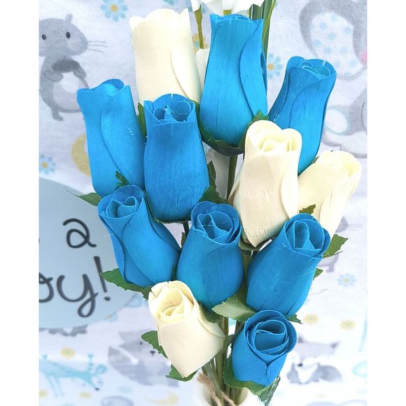 1 Dozen It's A Boy Light Blue and White The Original Wooden Rose Flower Bouquet - Picture 4 of 9